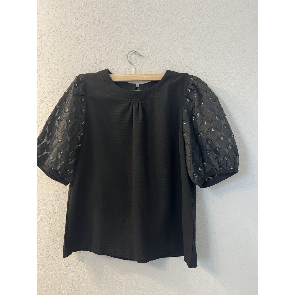 Voy Embroidered Size Large Puff Sleeve Boho Top GOLD FEATHER‎